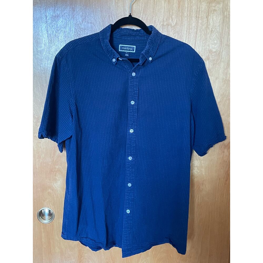 Club Room Navy Black Stripe Seersucker Short Sleeve Button Down Shirt Size L